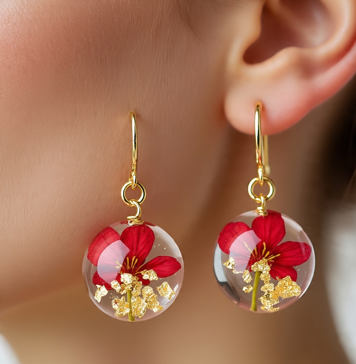 Red Flower Resin Drop Earrings for women