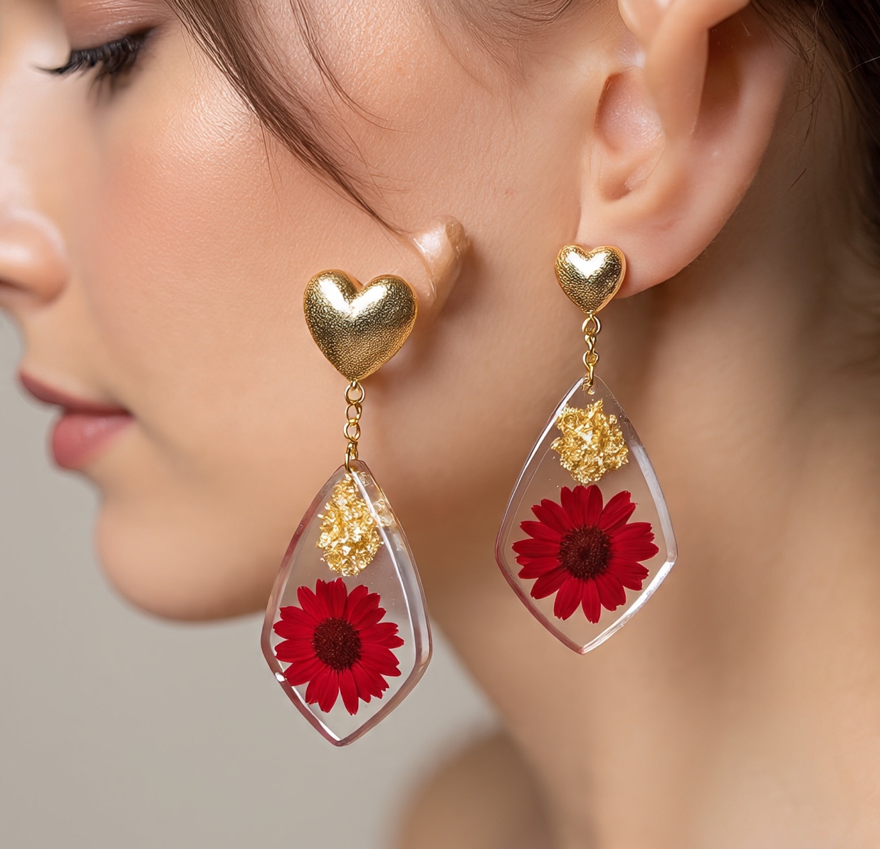 Red Flower Resin Dangle Earrings