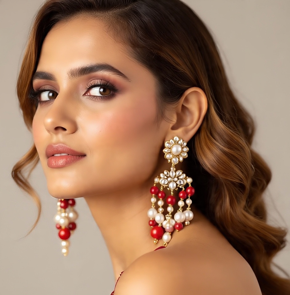 Floral Pearl and Red Bead Statement Earrings