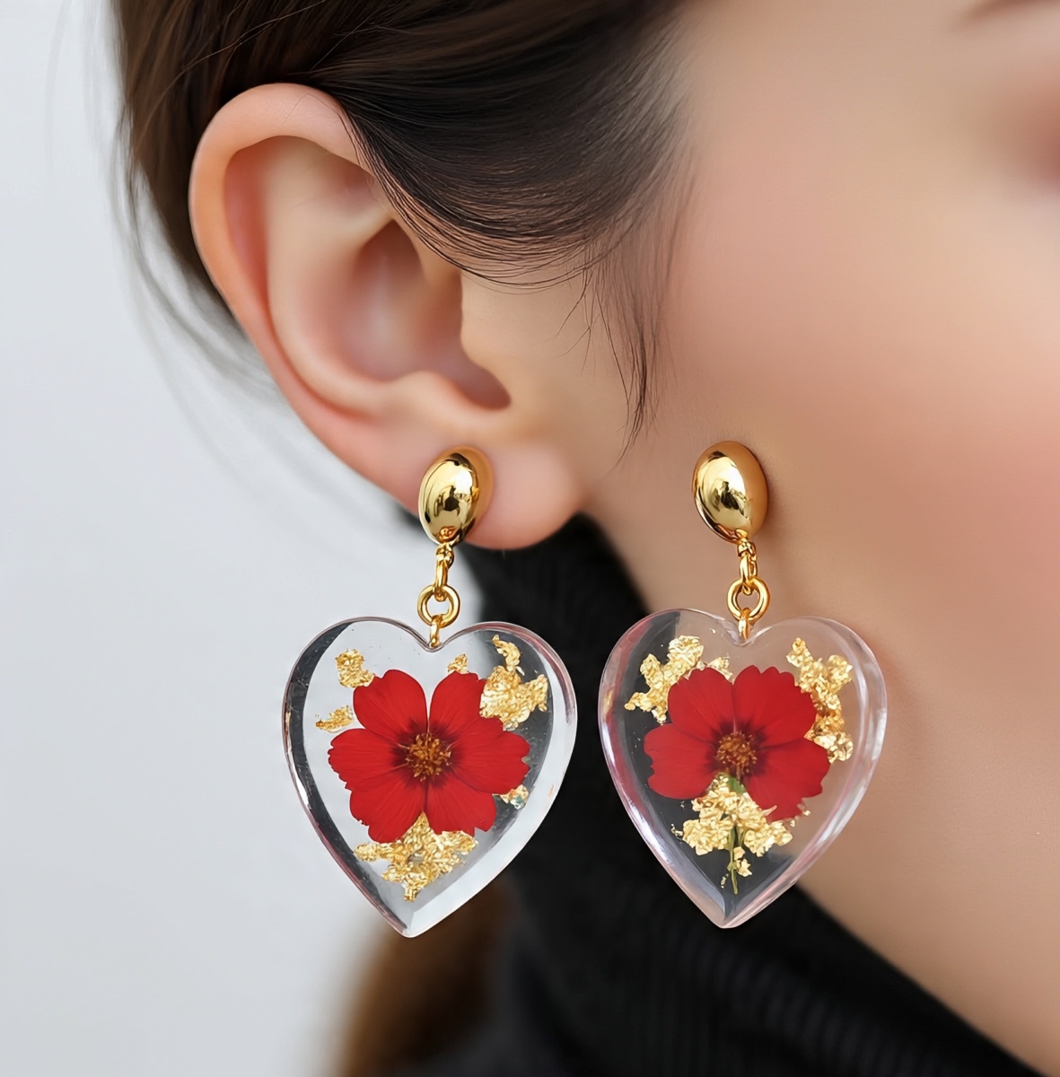 Heart-Shaped Resin Flower Earrings