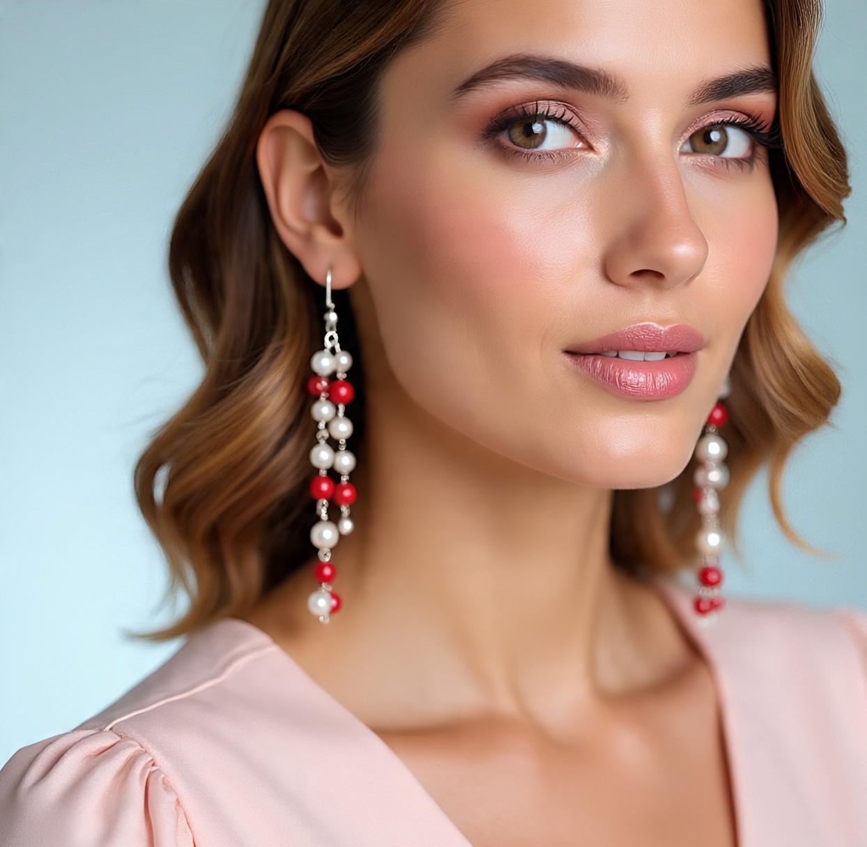 Elegant Pearl and Red Beaded Dangle Earrings