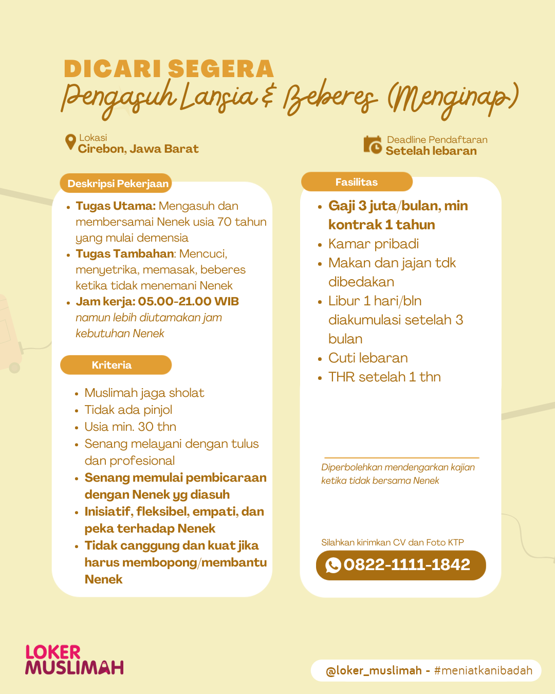 Loker Premium - Pengasuh Lansia (Menginap)