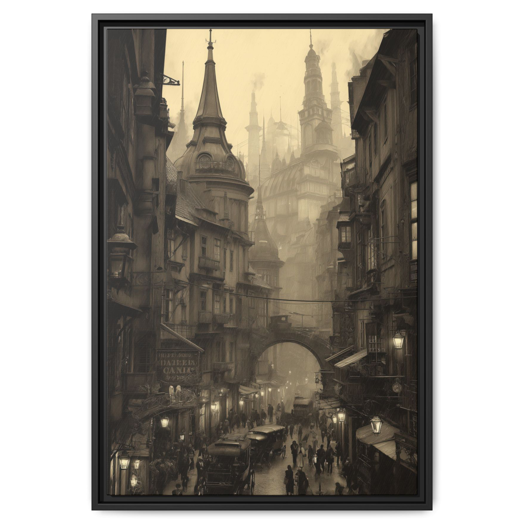 Rainy Steampunk Cityscape – Vintage Industrial Art