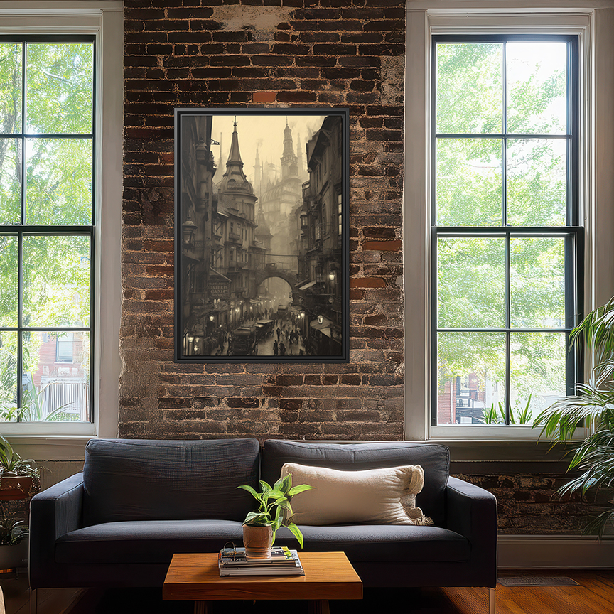 Rainy Steampunk Cityscape – Vintage Industrial Art