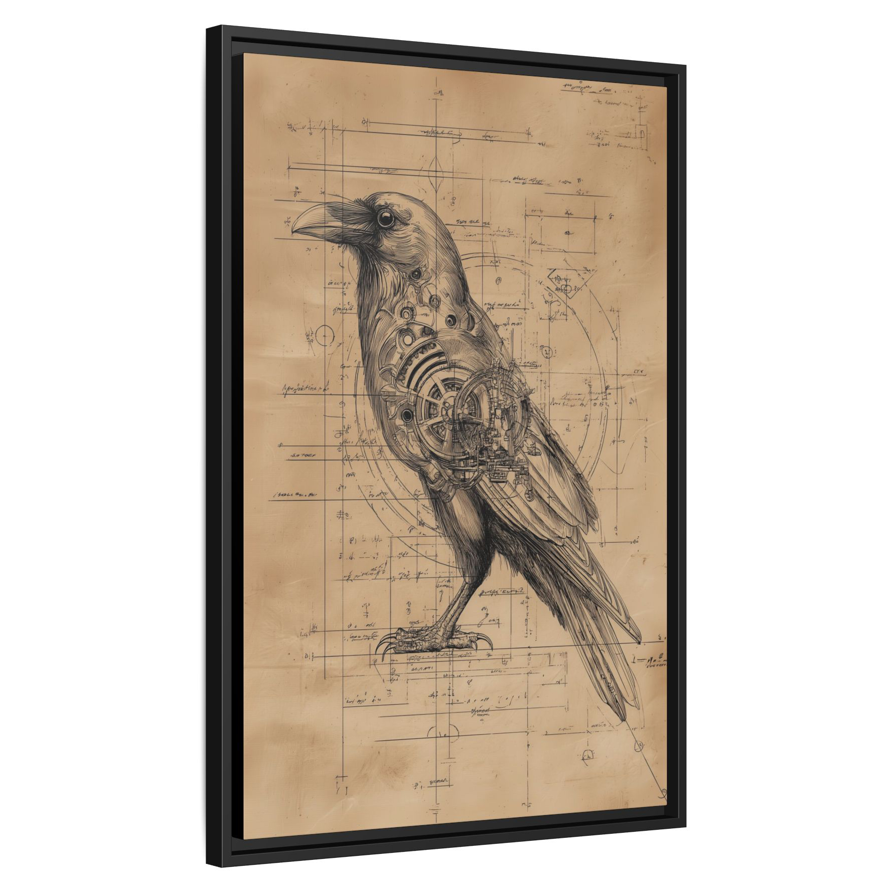 Mechanical Raven Blueprint – Steampunk Bird Anatomy Wall Art