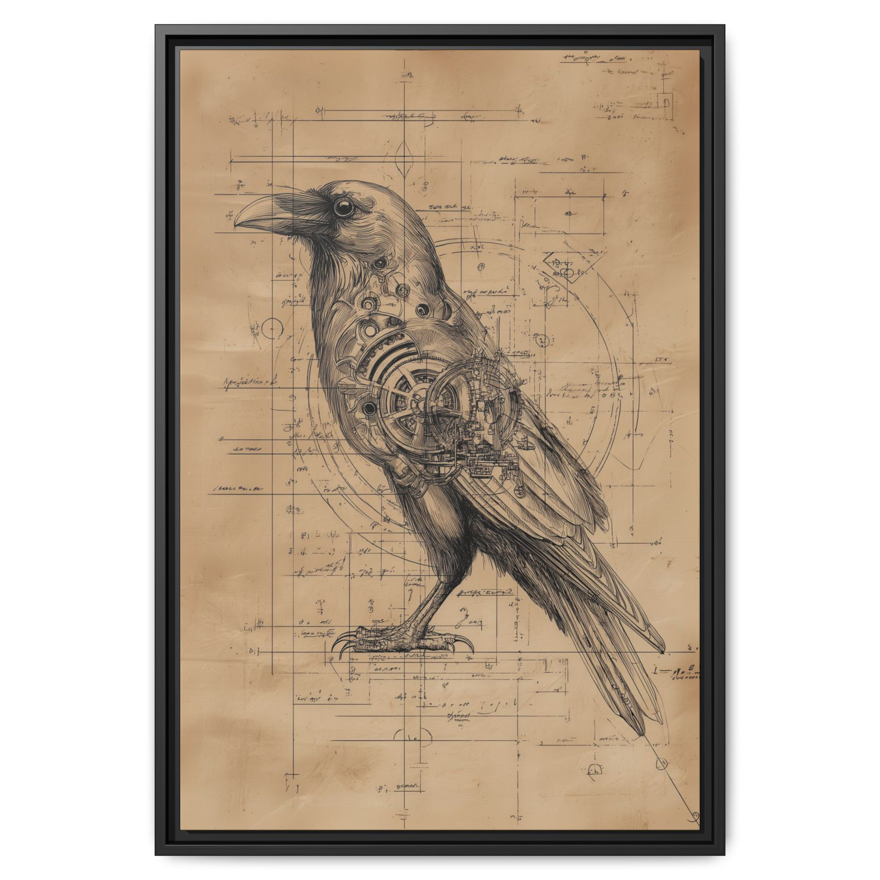 Mechanical Raven Blueprint – Steampunk Bird Anatomy Wall Art