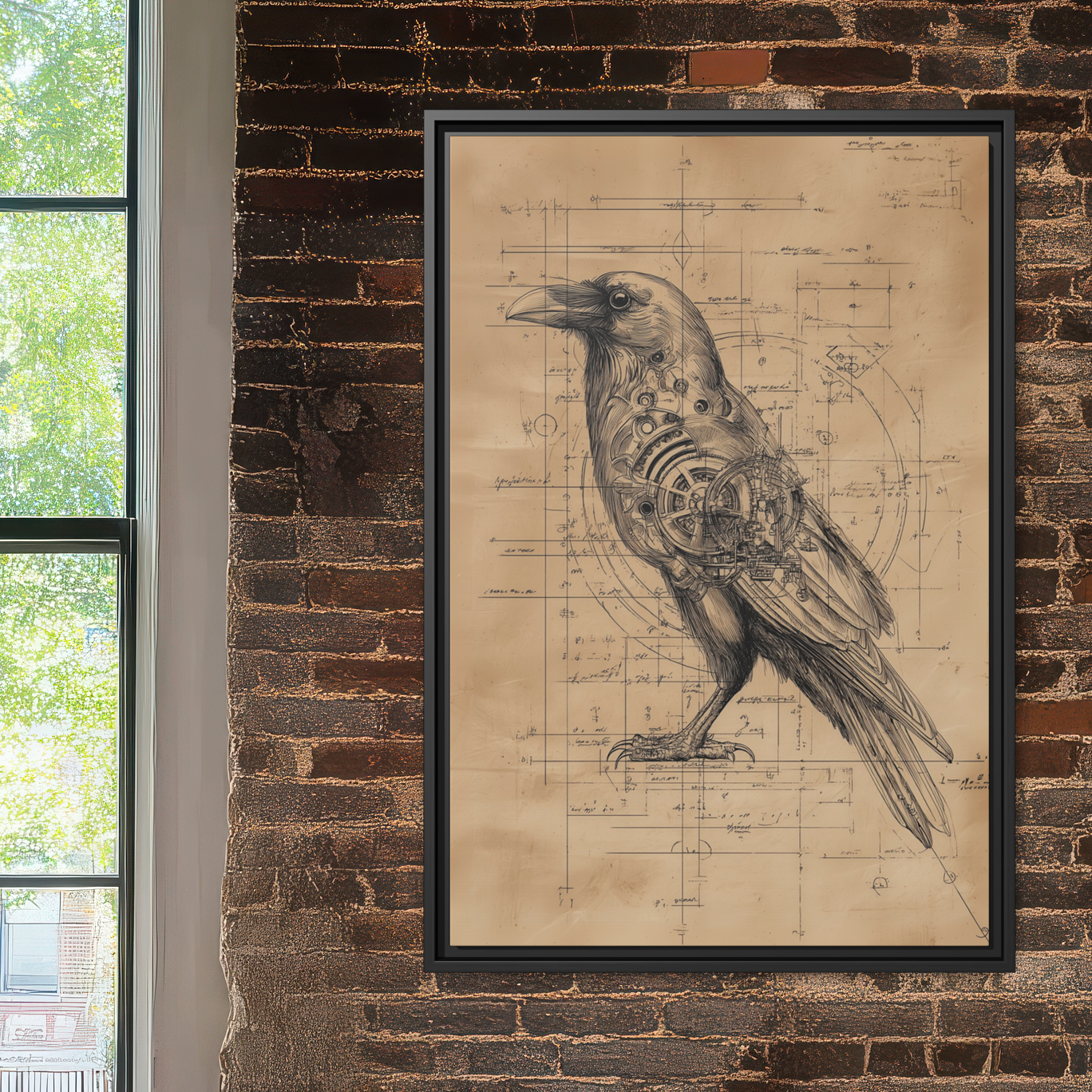 Mechanical Raven Blueprint – Steampunk Bird Anatomy Wall Art