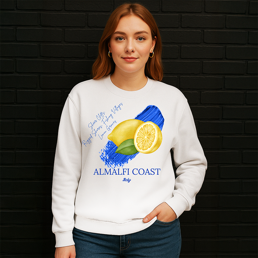 Almalfi Coast T-Shirt/Jumper, Lemons Citrus Ladies T-Shirt, Summery Blue and Yellow T-Shirt, Fruits Top, Summer Fruits Tshirt, Italy Jumper, Italy Top, Amalfi Tee