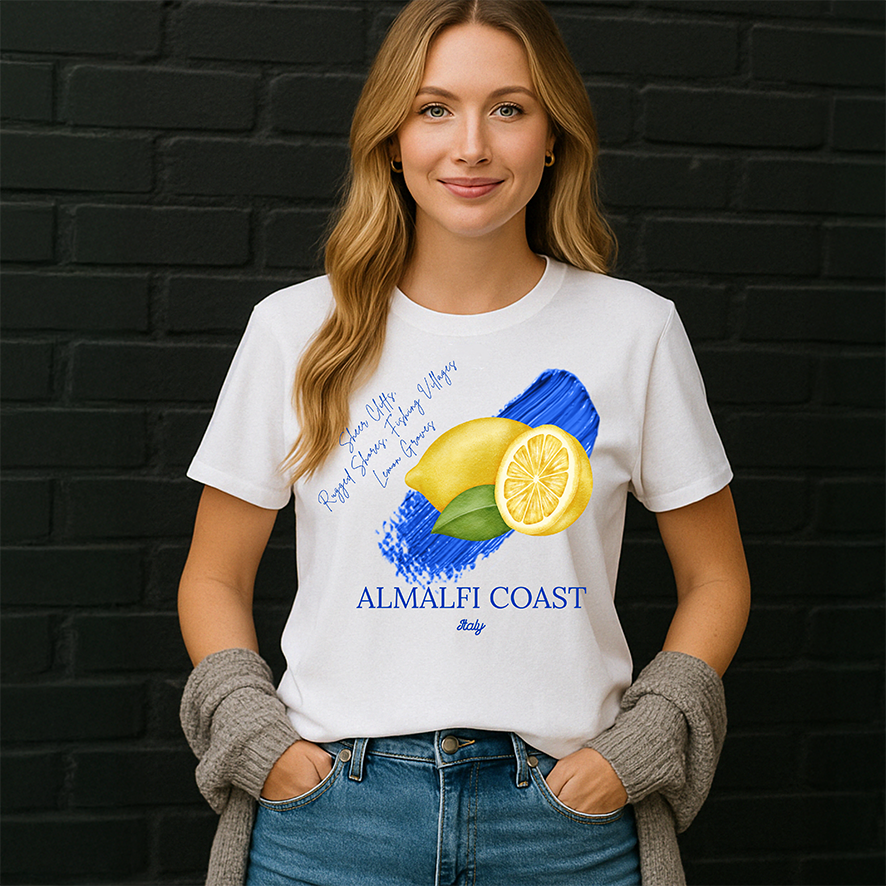 Almalfi Coast T-Shirt/Jumper, Lemons Citrus Ladies T-Shirt, Summery Blue and Yellow T-Shirt, Fruits Top, Summer Fruits Tshirt, Italy Jumper, Italy Top, Amalfi Tee