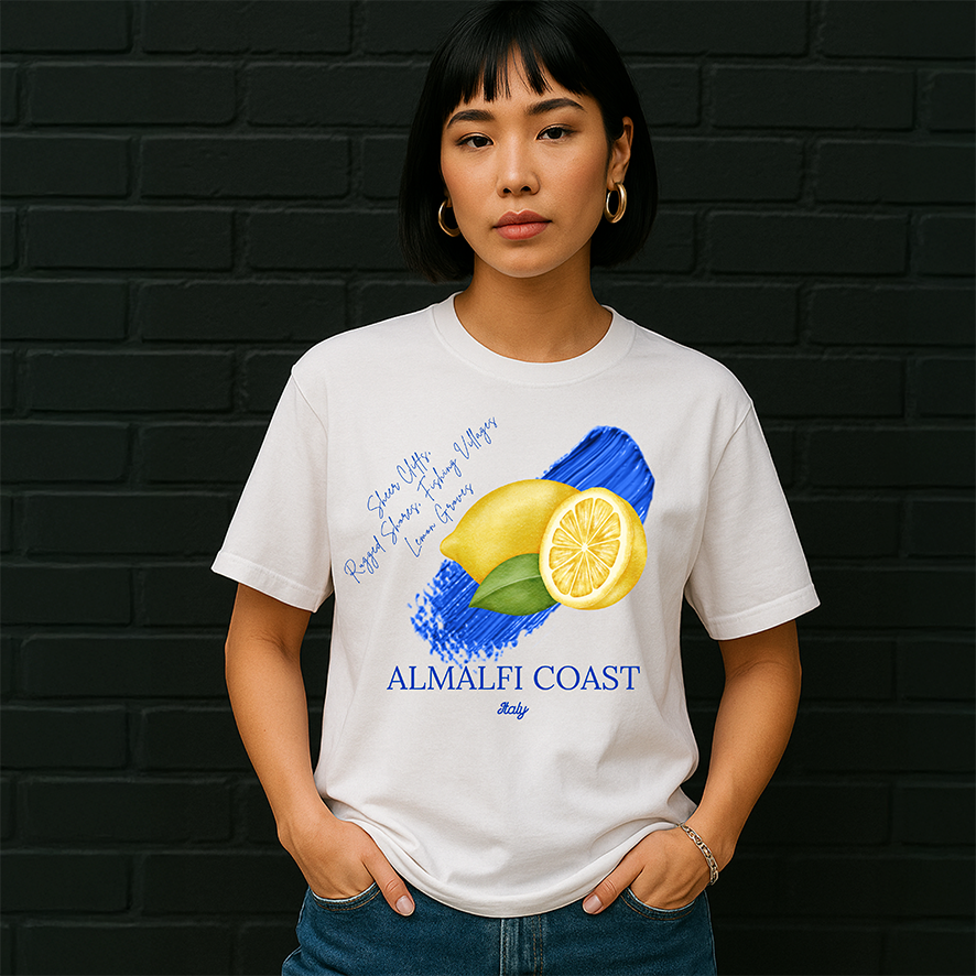 Almalfi Coast T-Shirt/Jumper, Lemons Citrus Ladies T-Shirt, Summery Blue and Yellow T-Shirt, Fruits Top, Summer Fruits Tshirt, Italy Jumper, Italy Top, Amalfi Tee