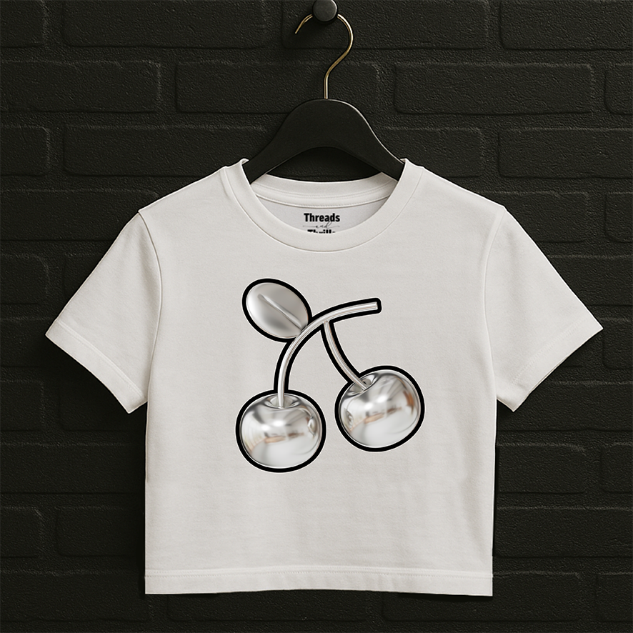 Chrome Cherry Crop Top, Y2K Crop Tee, Cropped T-shirt, Cherry Crop Top, Fruit Baby Tee Chrome Crop Top, Metallic Cropped Top Silver Crop Top