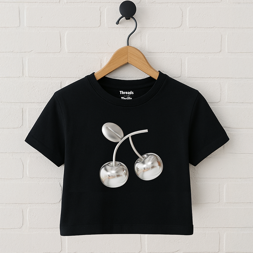 Chrome Cherry Crop Top, Y2K Crop Tee, Cropped T-shirt, Cherry Crop Top, Fruit Baby Tee Chrome Crop Top, Metallic Cropped Top Silver Crop Top