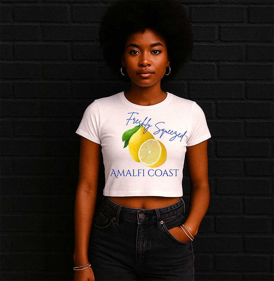 Almalfi Coast Crop Top, Blue and Yellow Baby Tee, Y2K Crop Tee, Cropped T-shirt, Amalfi Coast TShirt Citrus Top Lemons Tee, Blue White Cropped Top, Baby Tee Y2K Shirt