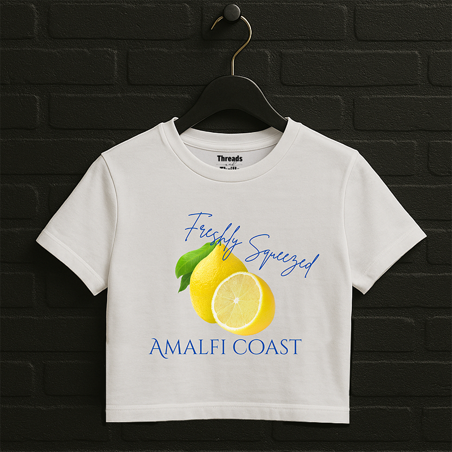 Almalfi Coast Crop Top, Blue and Yellow Baby Tee, Y2K Crop Tee, Cropped T-shirt, Amalfi Coast TShirt Citrus Top Lemons Tee, Blue White Cropped Top, Baby Tee Y2K Shirt