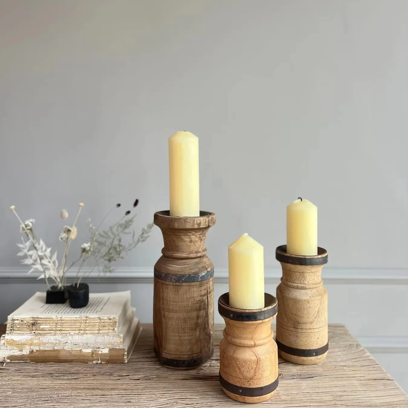 Antique Hand-Turned Bleached Wood Candle Holders