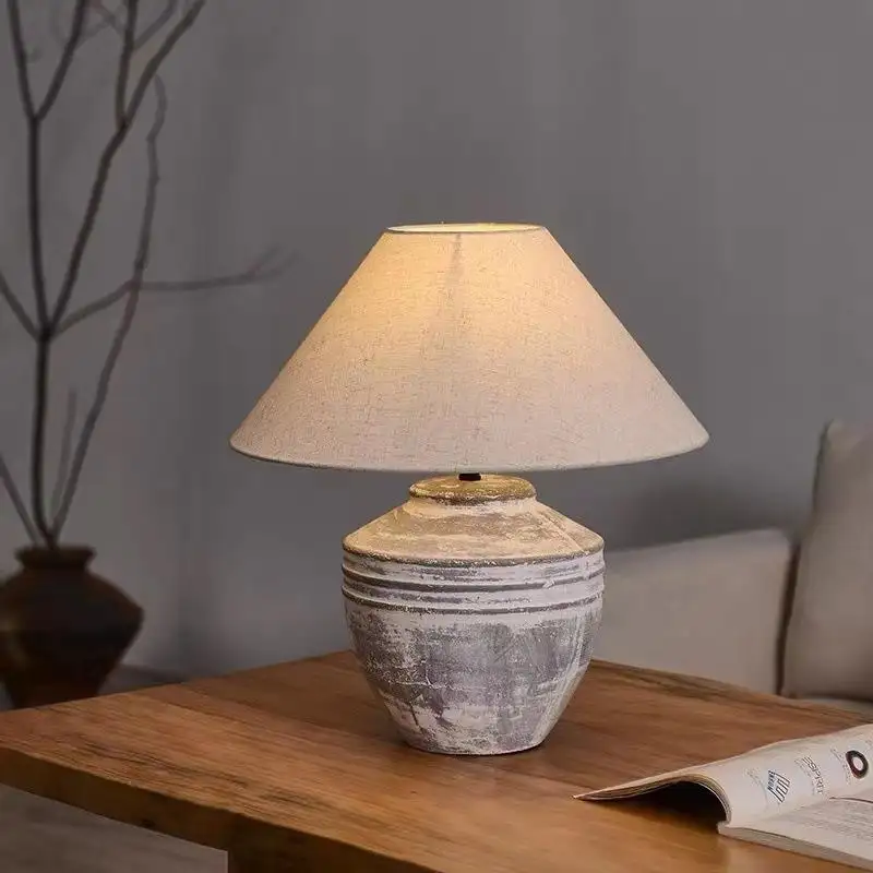 Antique Wood Table Lamp Retro Fabric Shade