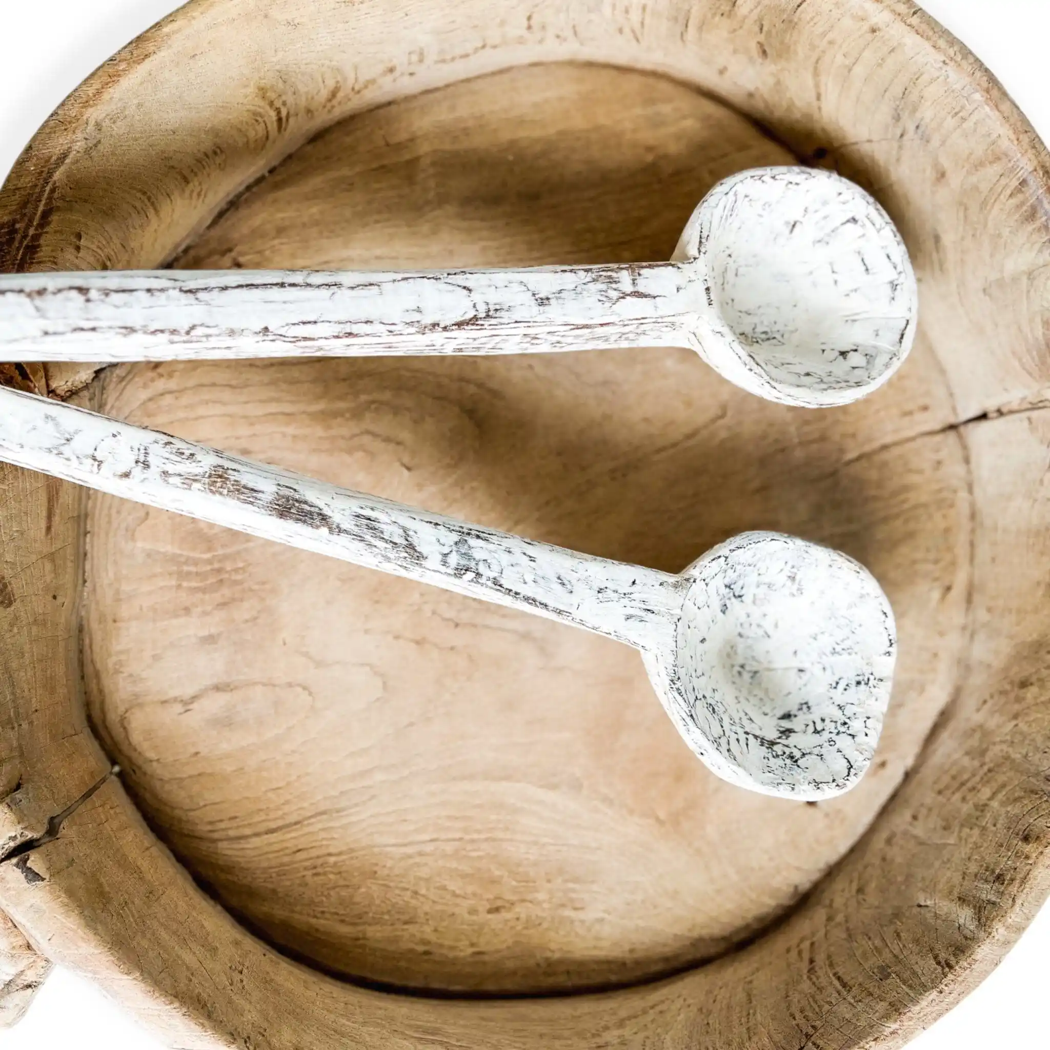 Vintage Indian Natural Teak Wood Spoon Whitewash Handle Utensil