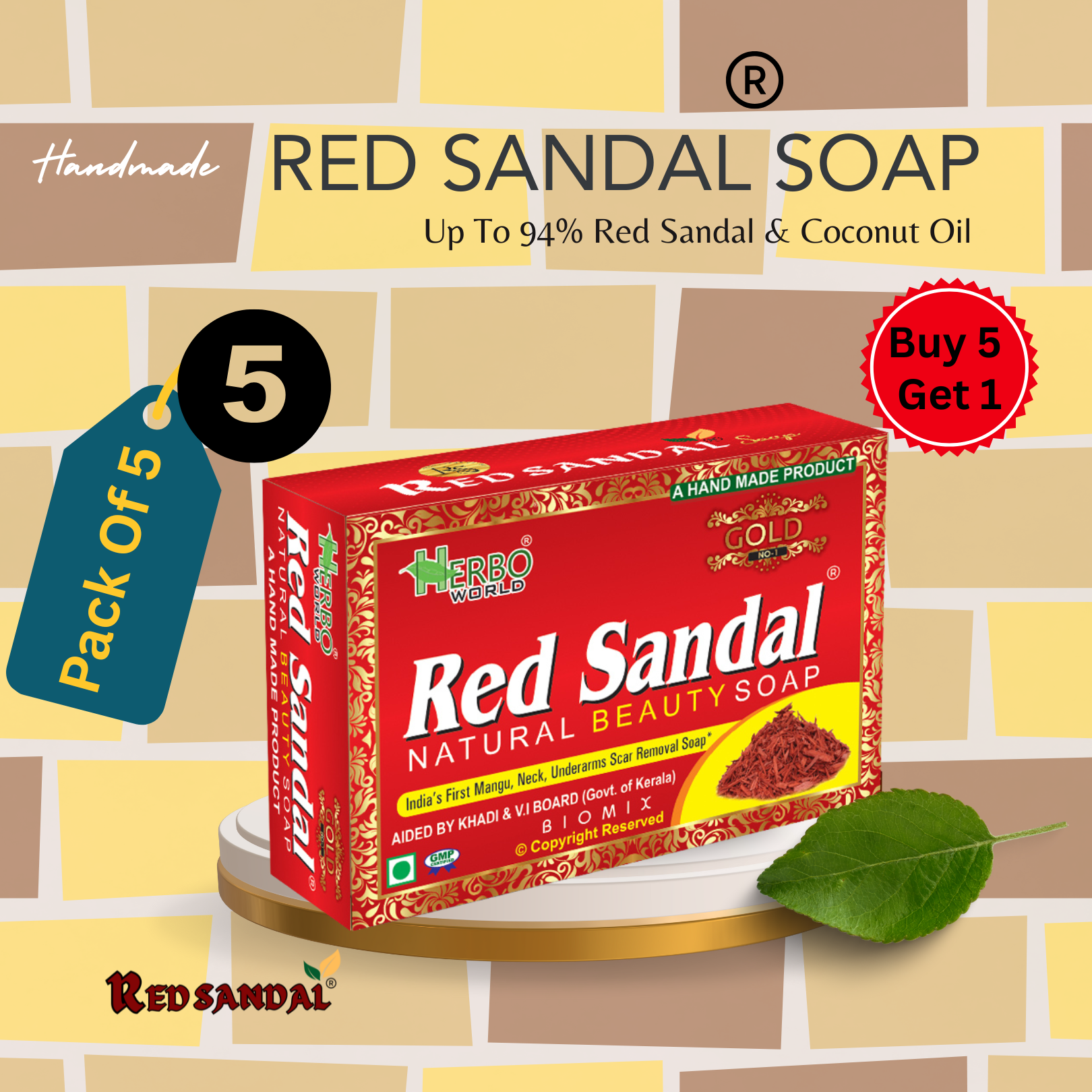 Red Sandal® Soap 75g Pack Of 5  "buy 5 red sandal soaps"- Get 1 Absolutely Free 