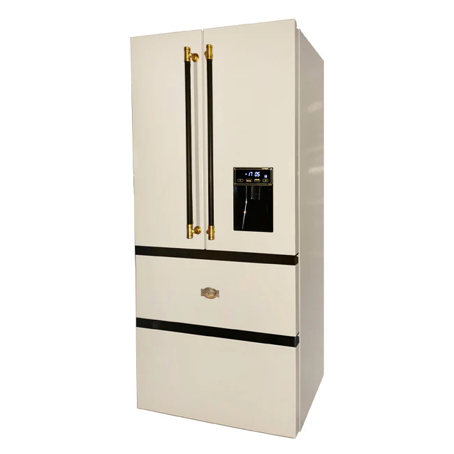 Réfrigérateur-congélateur à portes françaises Art Déco avec poignées en cuir (Ivoire)