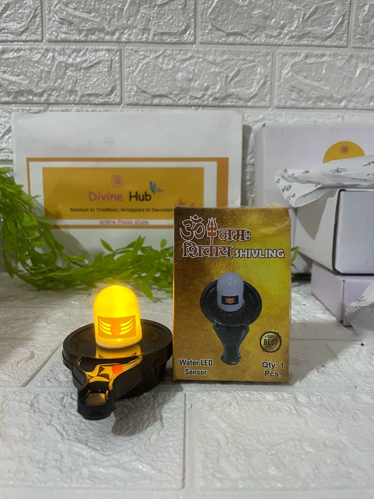 Divine Hub Water Sensor LED Shivling for Home Temple, Festival & Decorative Lighting – 10 cm (Plastic, Black & White)