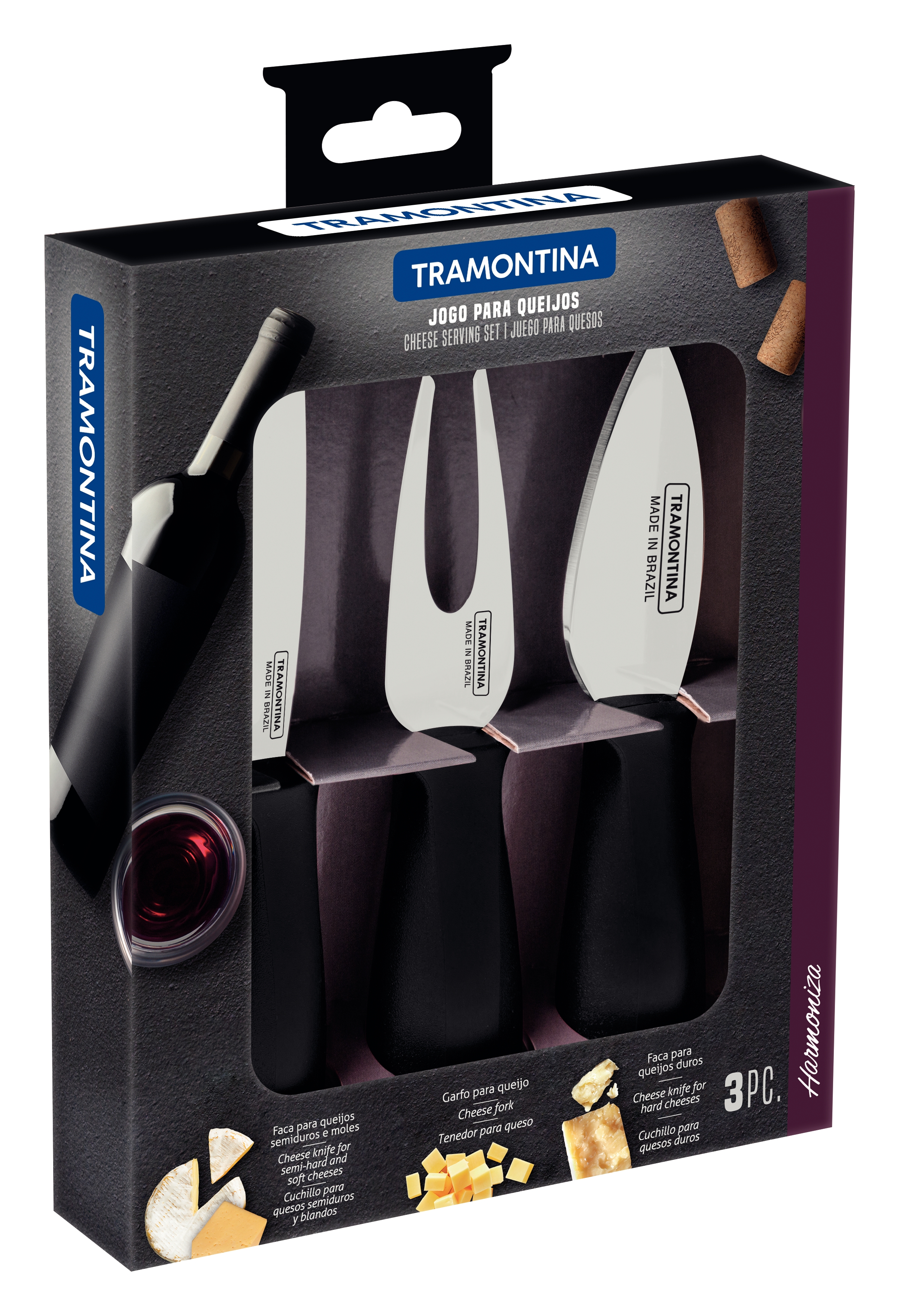 MK - Tramontina起司刀具組｜3件｜不鏽鋼刀＋黑色手柄｜巴西製造