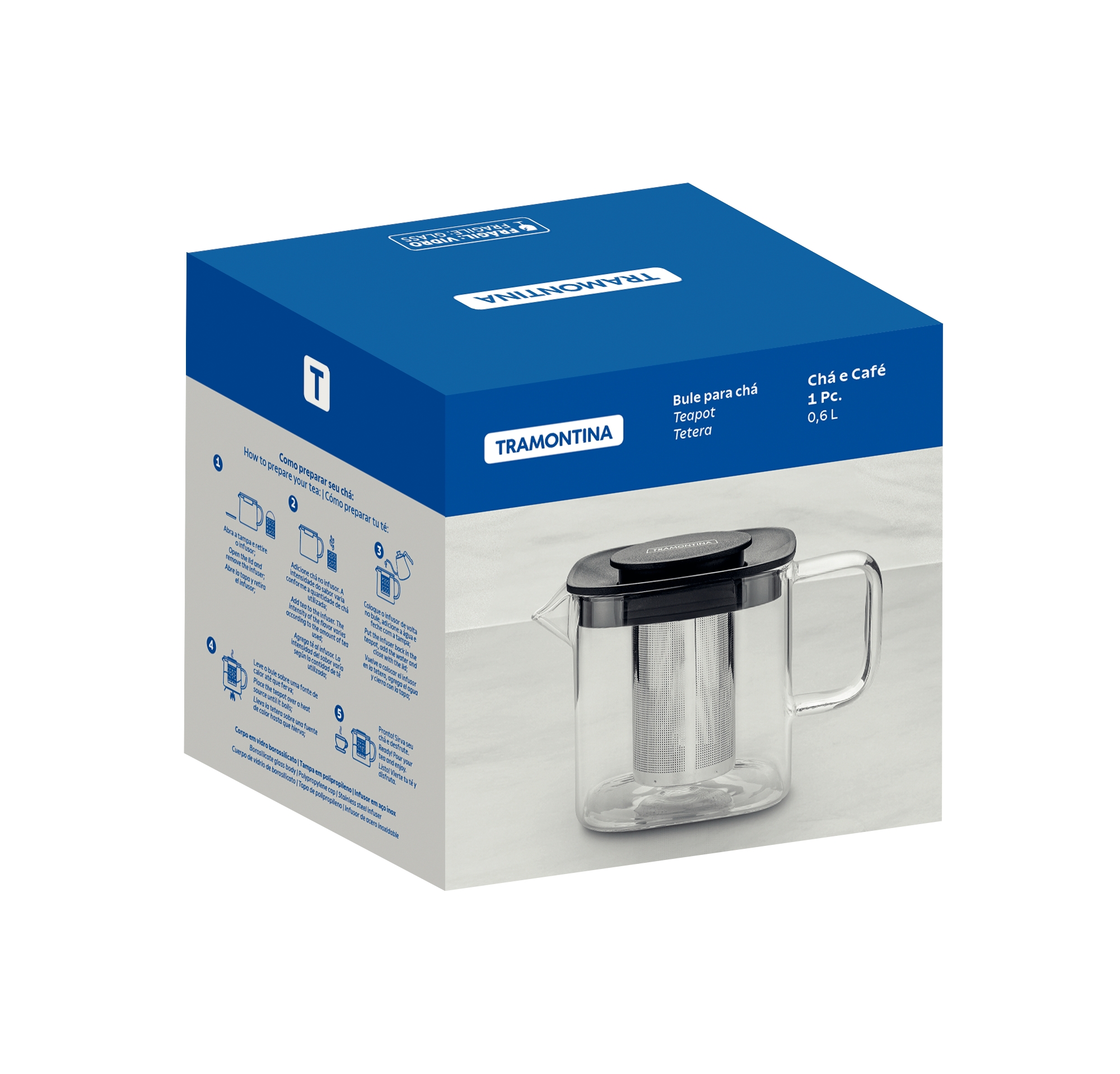 Tramontina 玻璃不鏽鋼濾茶壺600ml｜附可拆式濾網｜直火適用｜12杯量