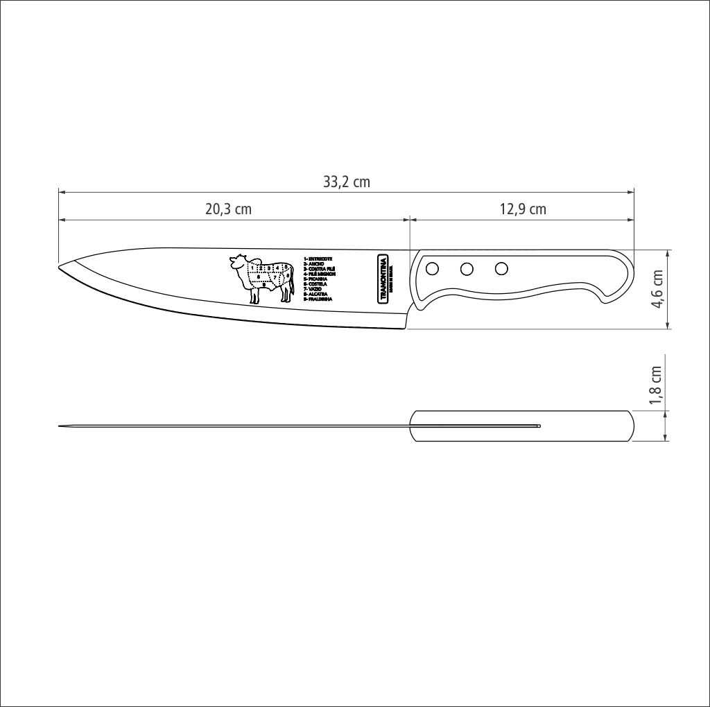 MK - Tramontina 8吋原木握柄牛排刀｜牛肉部位刻印刀面設計｜巴西製｜Churrasco系列