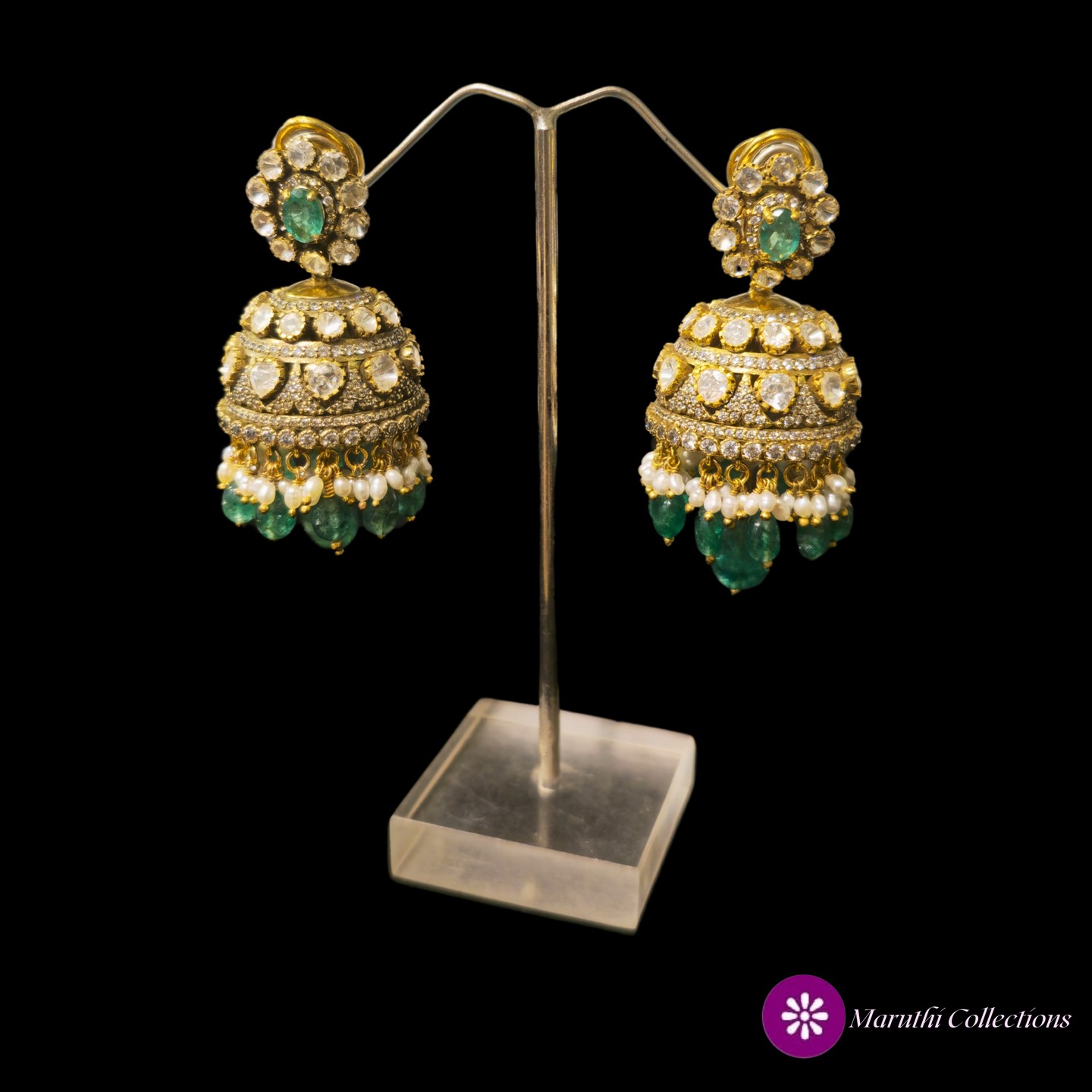 Gold and Emerald Jhumka Earrings