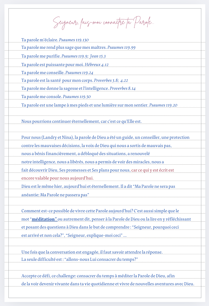 Mon journal guidé : Connaitre Dieu et son Royaume par la méditation de la Parole (à venir)