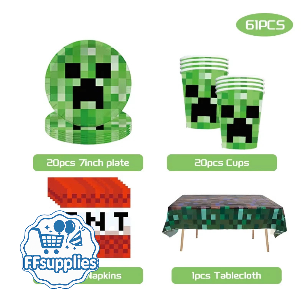 61 Pieces Minecraft Party Tableware Supply Set