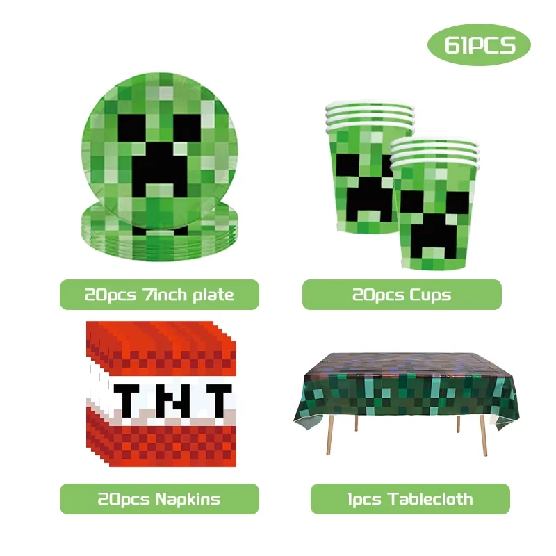 61 Pieces Minecraft Party Tableware Supply Set
