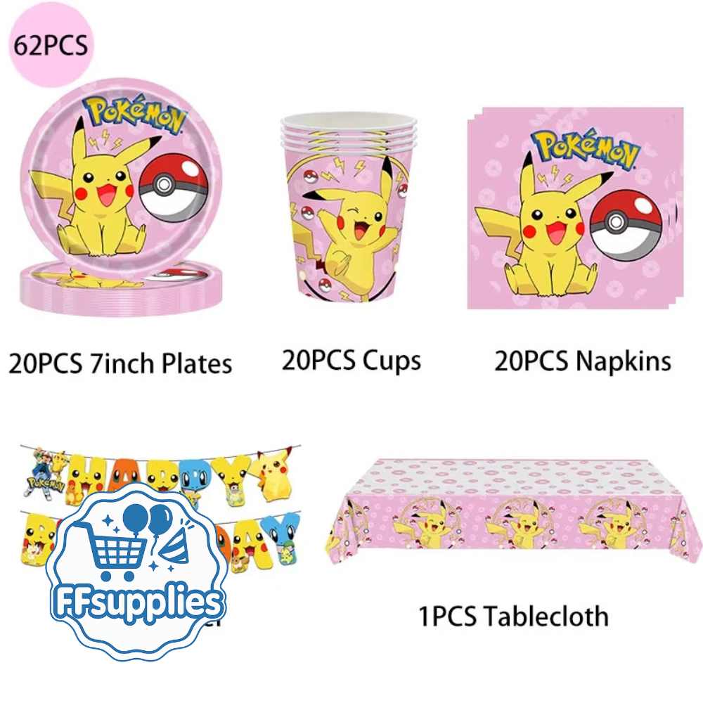 62 Pieces Pokemon Party Supplies Tableware Set in Pink