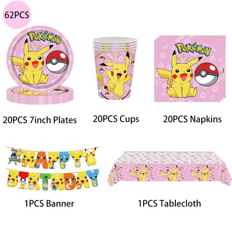 62 Pieces Pokemon Party Supplies Tableware Set in Pink