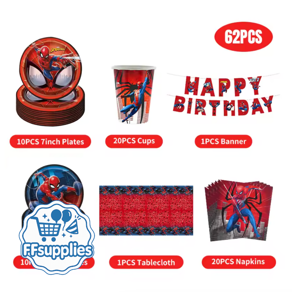 Spiderman Birthday Party Complete Tableware Supplies Set (62Pieces)