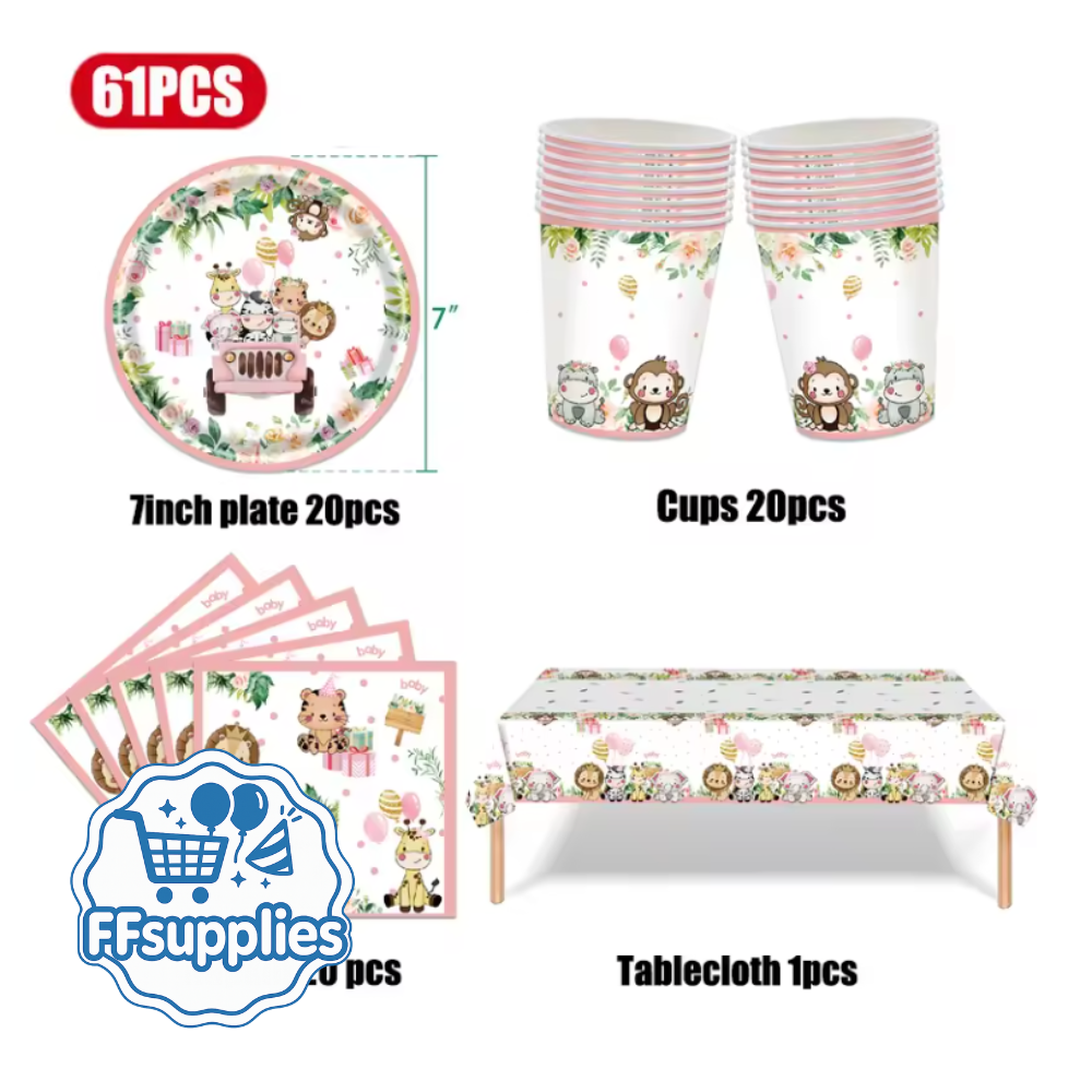 61 Pieces Complete Animal Theme Tableware Set in Pink