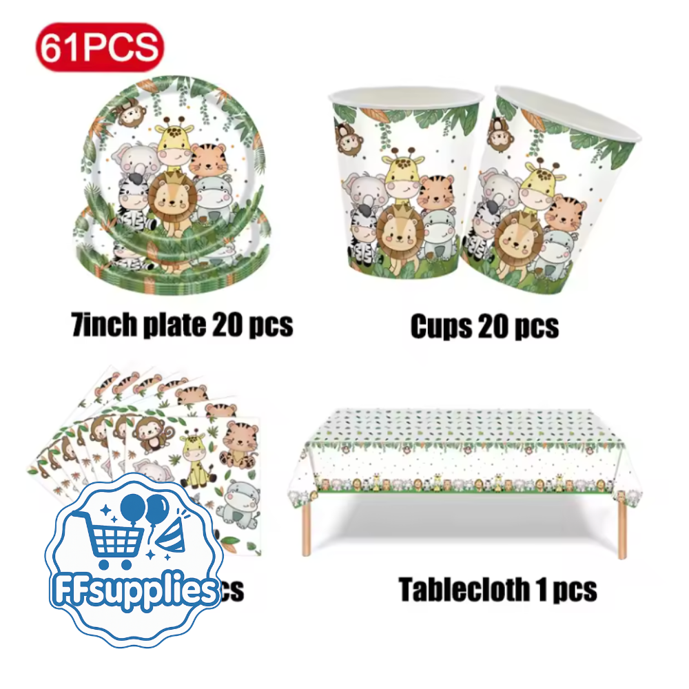 61 Pieces Complete Jungle Theme Tableware Party Set 