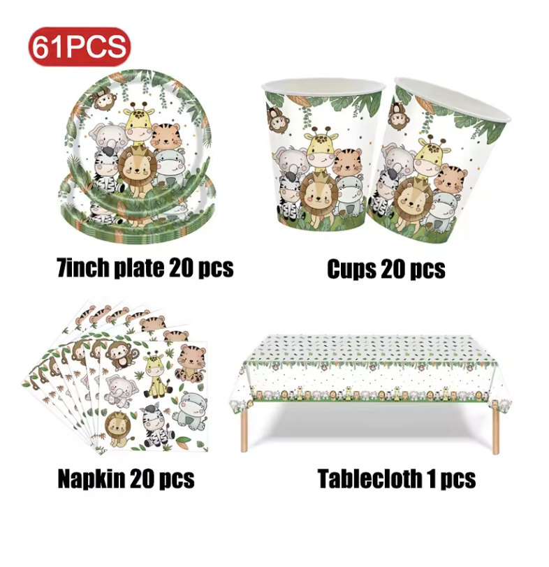 61 Pieces Complete Jungle Theme Tableware Party Set 