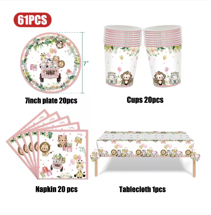 61 Pieces Complete Animal Theme Tableware Set in Pink