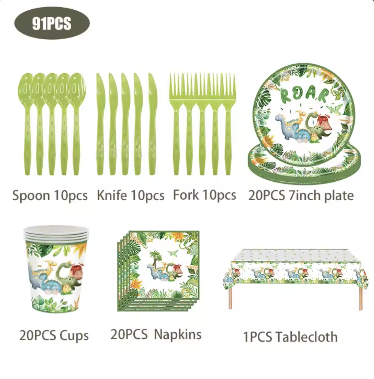 Dinosaur Complete Tableware Supply Set 91 Pieces