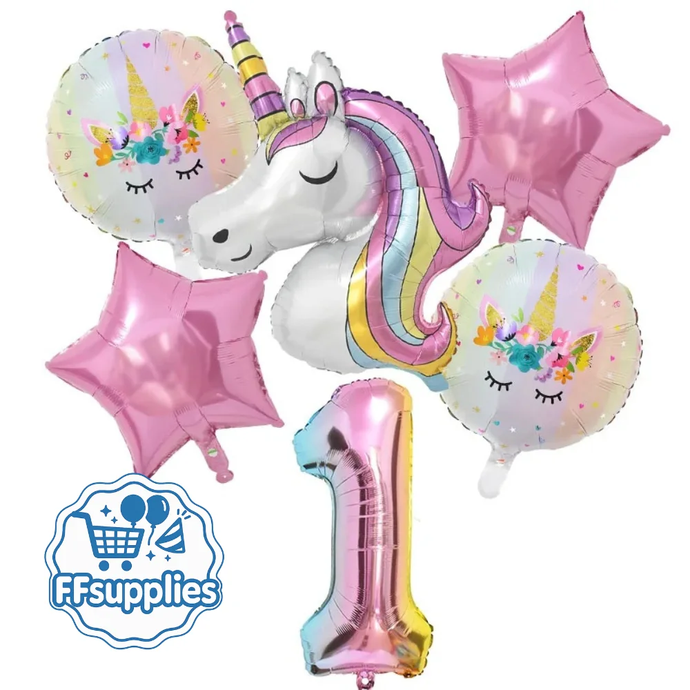 6 Piece Unicorn Balloon Set - Number 1