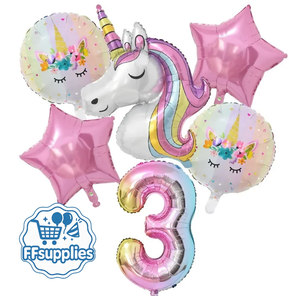 6 Piece Unicorn Balloon Set - Number 3