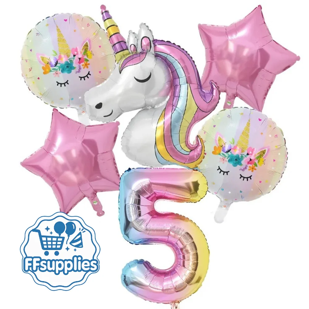 6 Piece Unicorn Balloon Set - Number 5