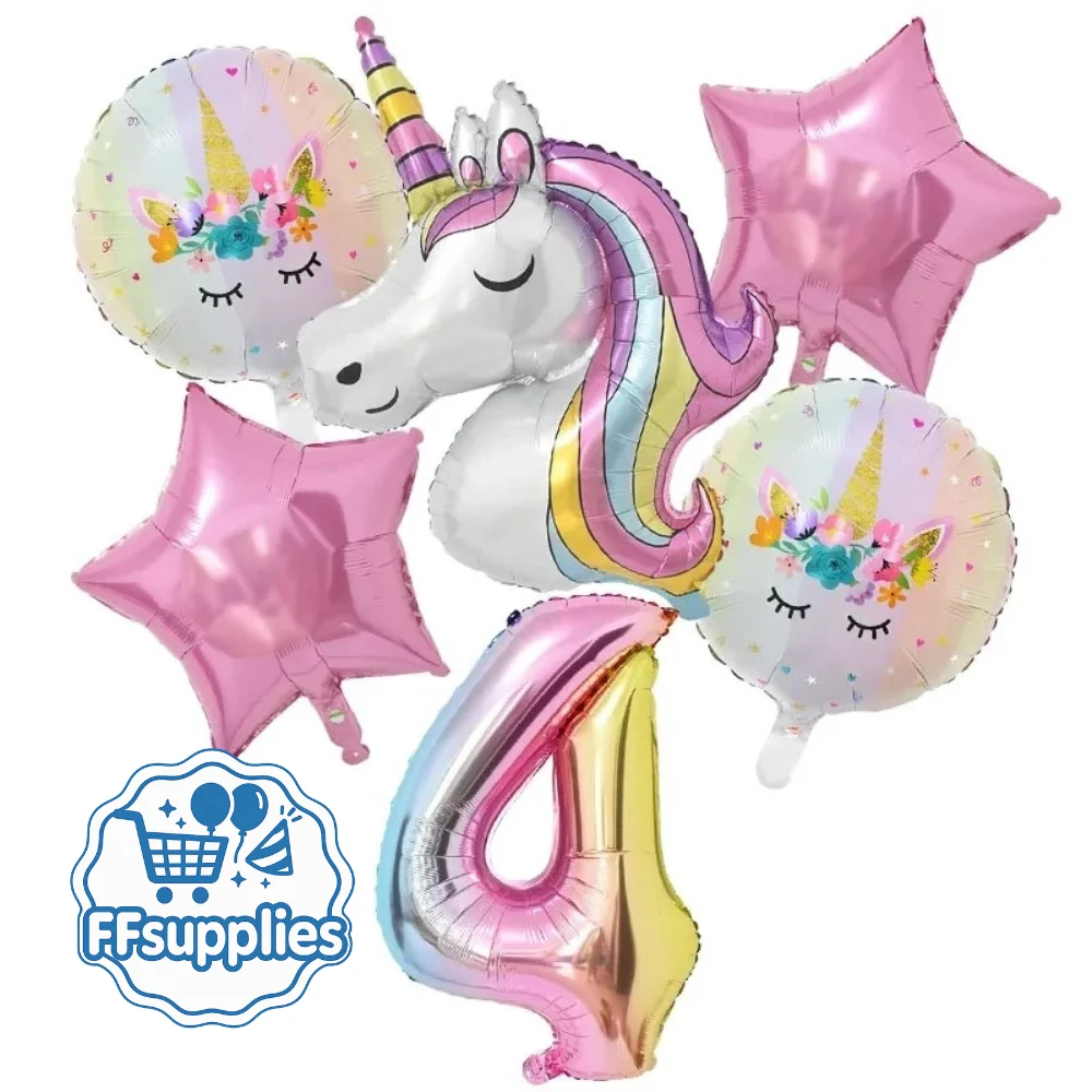 6 Piece Unicorn Balloon Set - Number 4