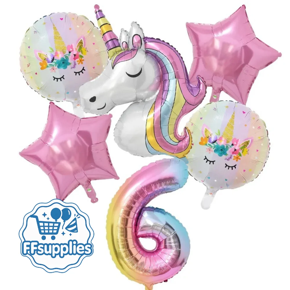 6 Piece Unicorn Balloon Set - Number 6