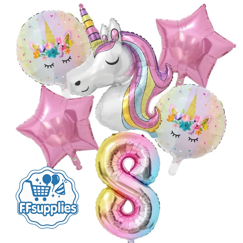 6 Piece Unicorn Balloon Set - Number 8
