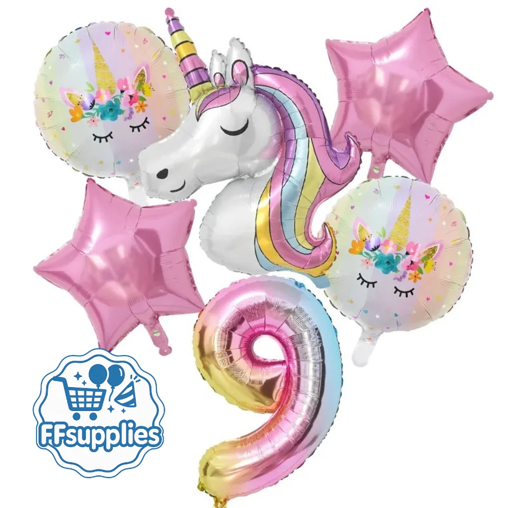 6 Piece Unicorn Balloon Set - Number 9