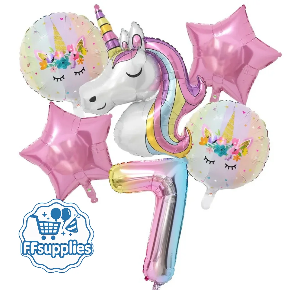 6 Piece Unicorn Balloon Set - Number 7