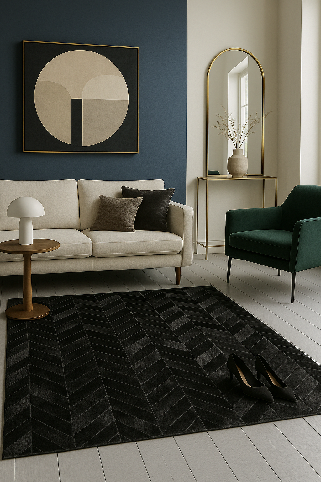 Black Chevron Cowhide Patchwork Rug