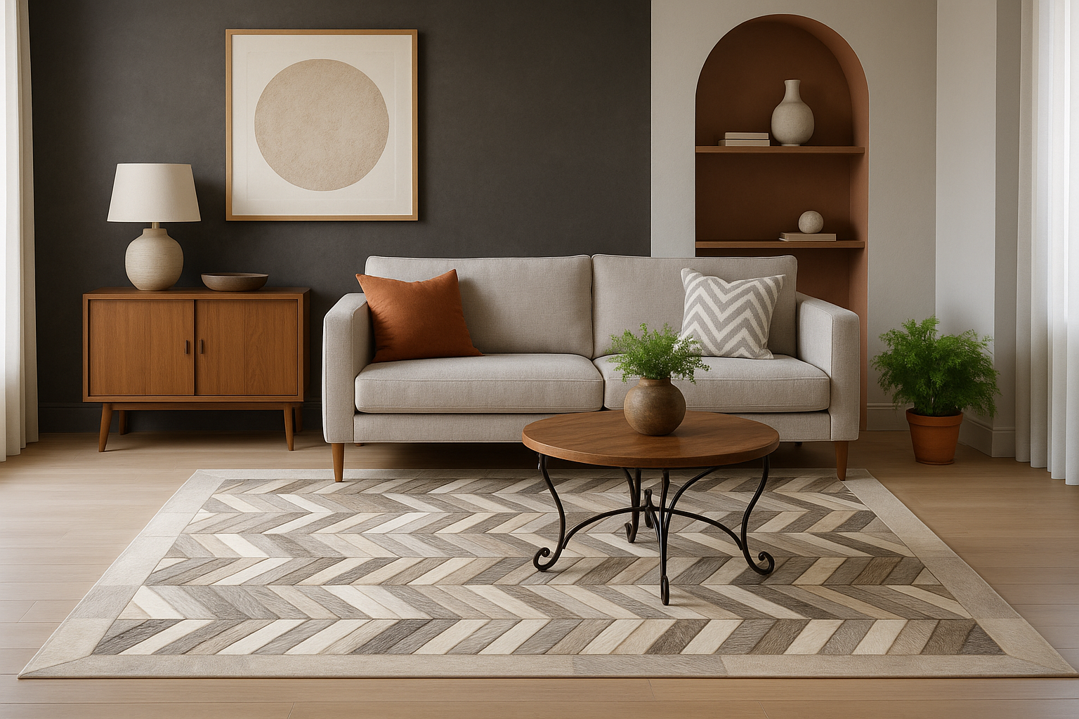 Grey Chevron Cowhide Patchwork Rug