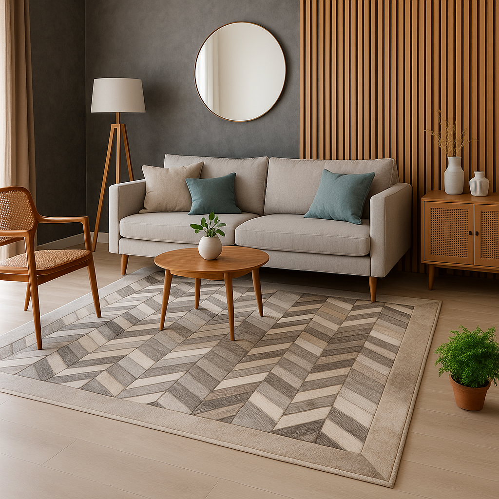 Grey Chevron Cowhide Patchwork Rug